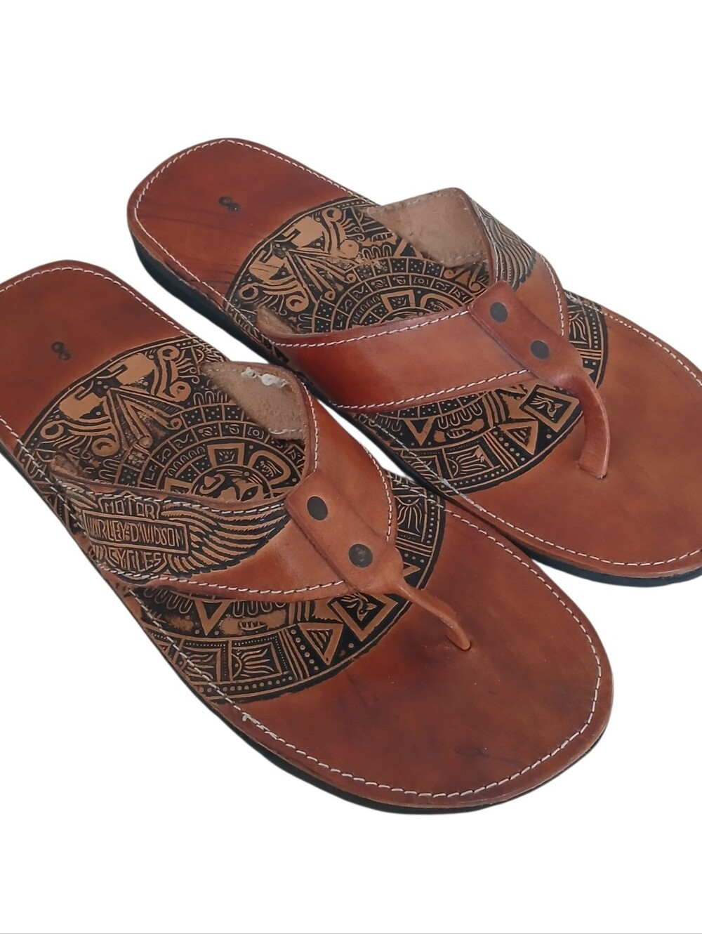 Hand Tooled Leather Harley Davidson Logo Sandals Men's 8 Brown Rare Aztec